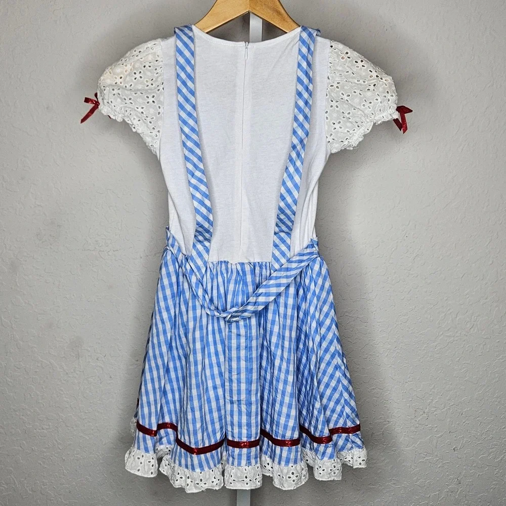 Wizard of Oz Dorothy Costume Dress Girls Medium Blue Gingham Eyelet Lace Spirit